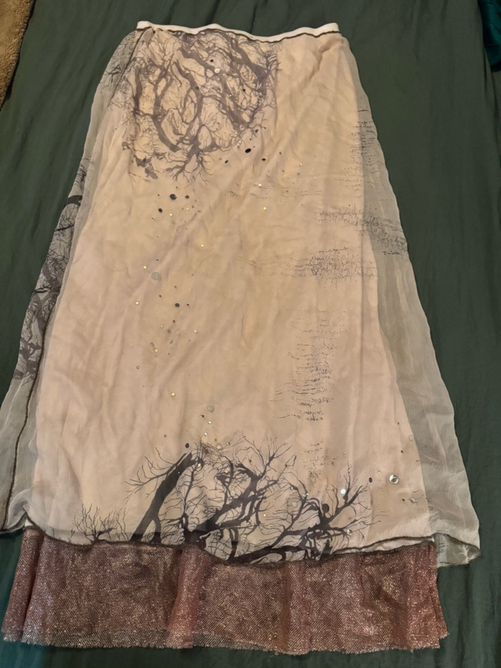 Rozae Nichols Blush Pink Maxi Skirt with Gray Tree Print and Copper Hem